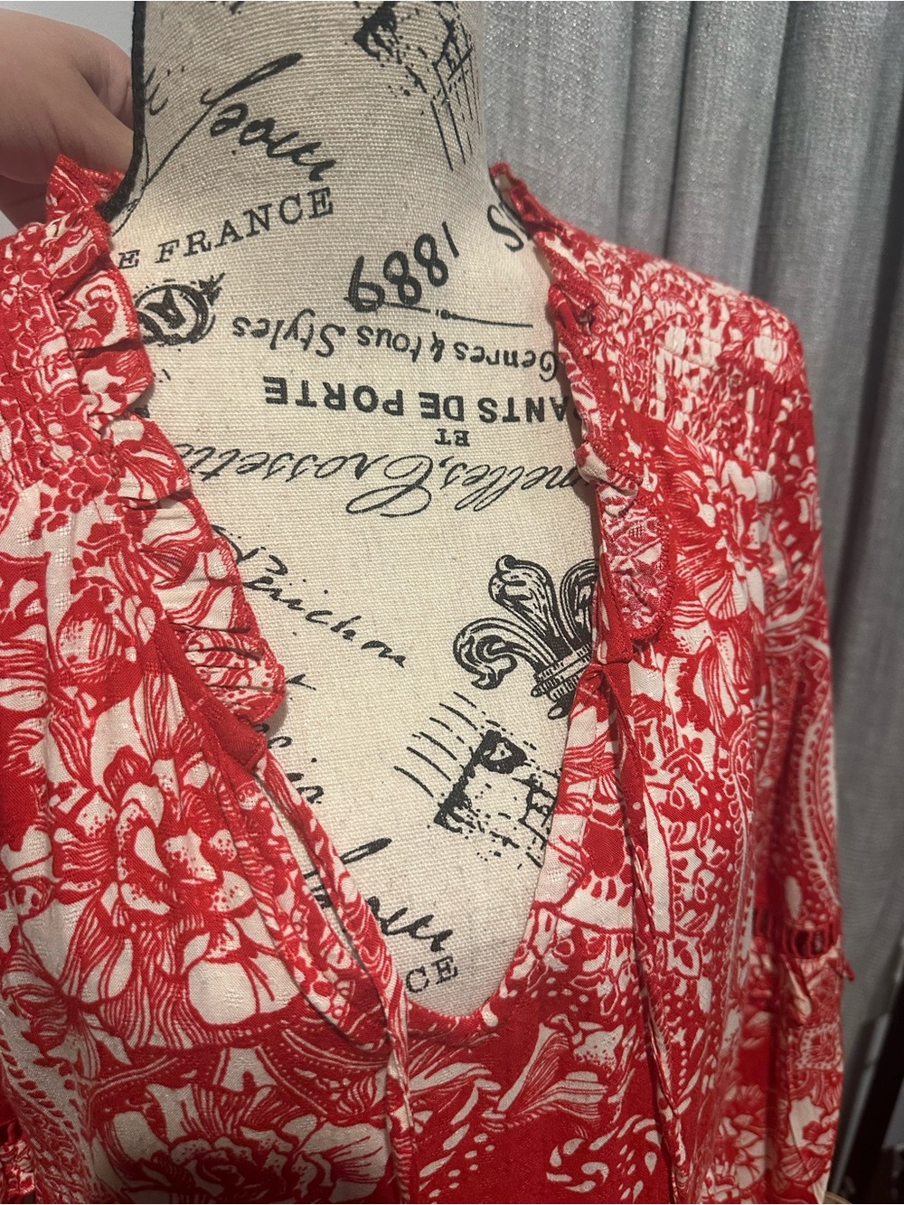 Red Paisley Floral Mini Dress with Ruffle Details - Picture 4 of 6